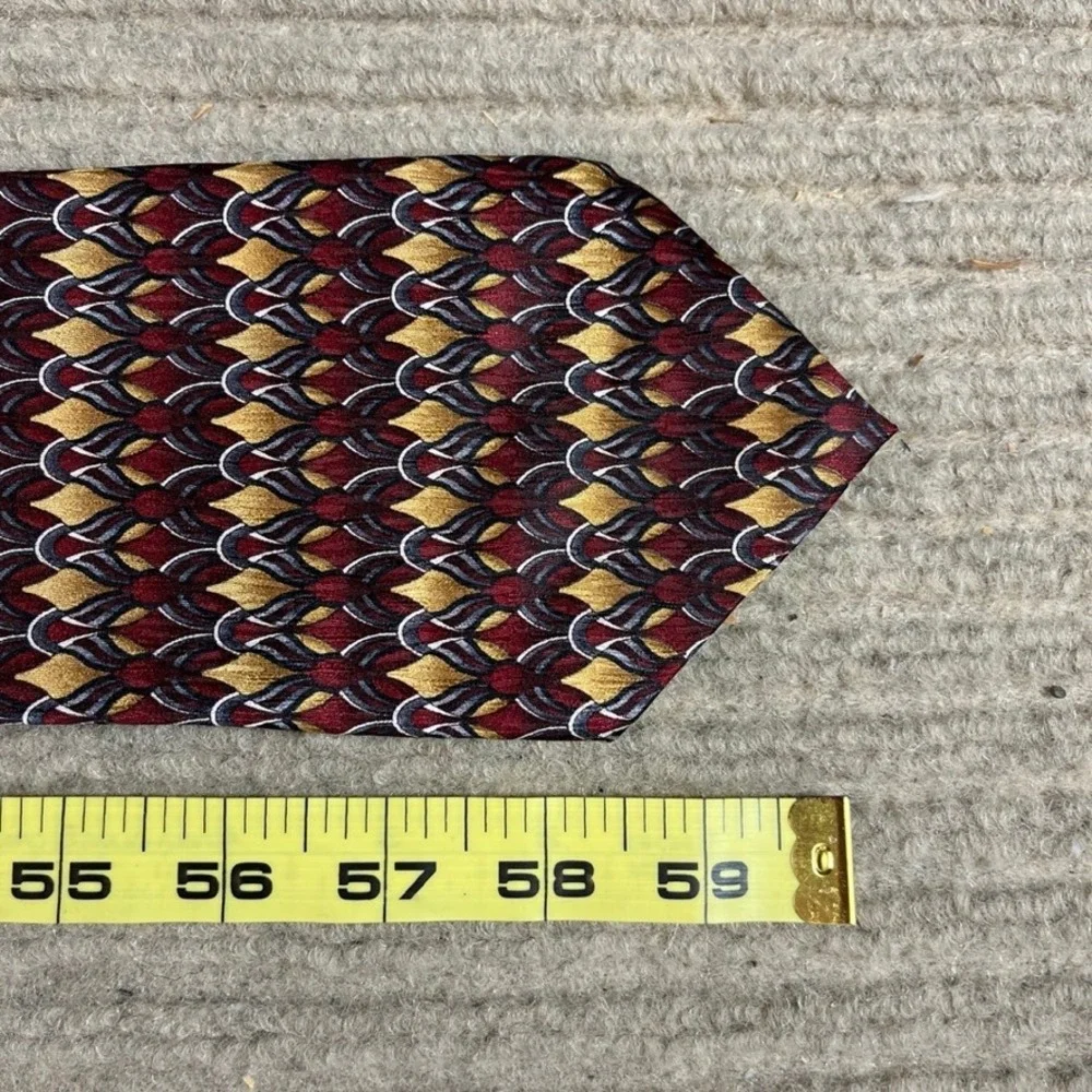 Stonehenge Mens Silk Tie Burgundy Gold Geometric Pattern Handmade Necktie
